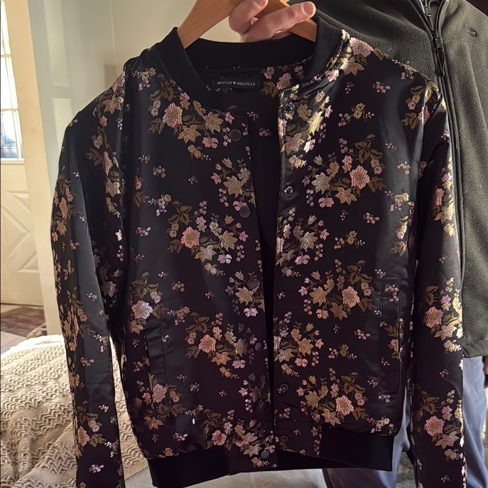 Brandy Melville Black Floral Bomber Jacket